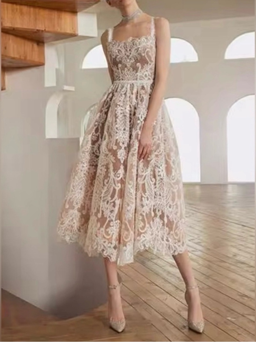 Bronx and Banco Nude and White Lace Midi Dress